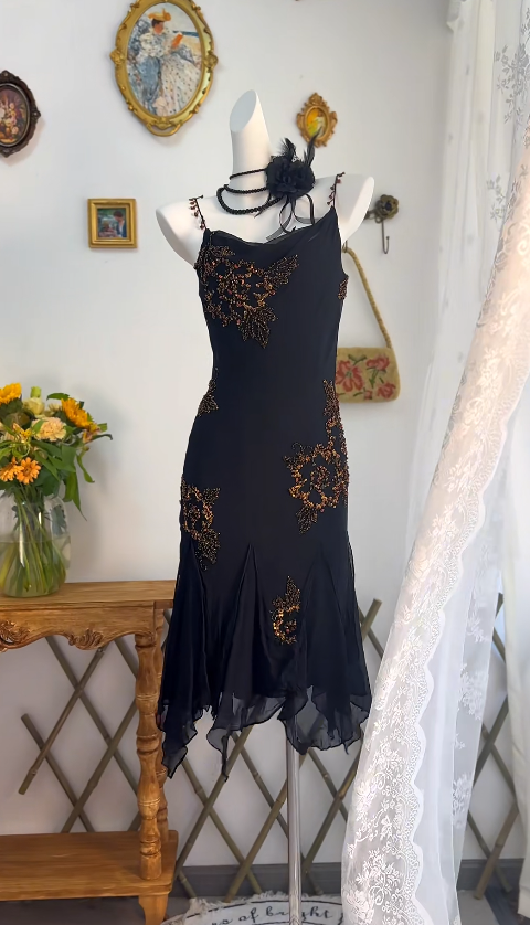 Pretty Spaghetti Straps Black Chiffon Beaded Long Prom Dress Birthday Party Dress