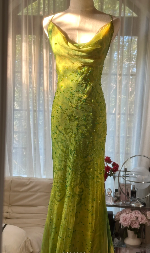 Chic Ombre Green Chiffon Beaded Mermaid Long Party Dress Formal Birthday Prom Dress