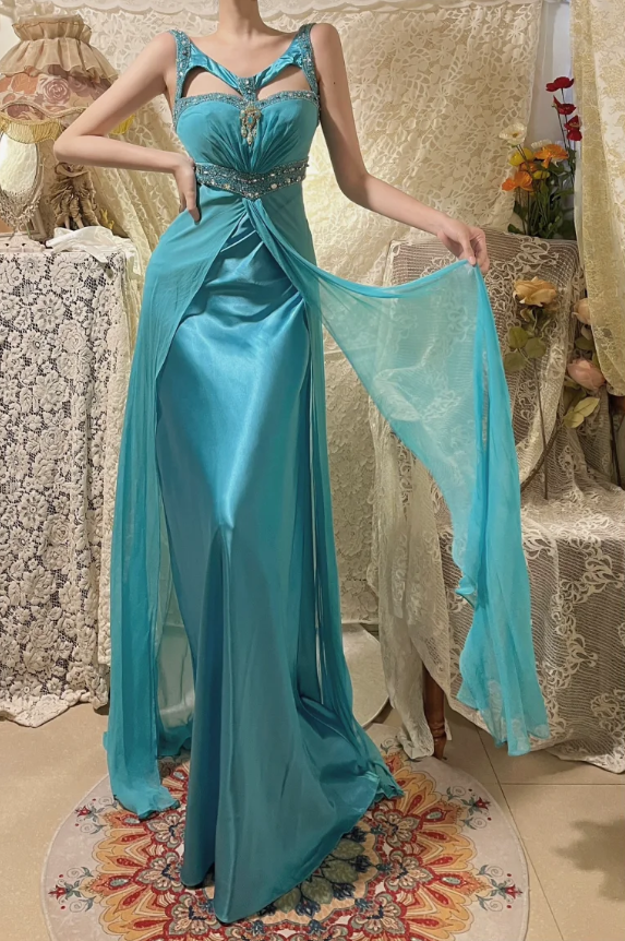 Retro Blue Satin Chiffon Beaded Mermaid Long Evening Dress Formal Wedding Guest Dress