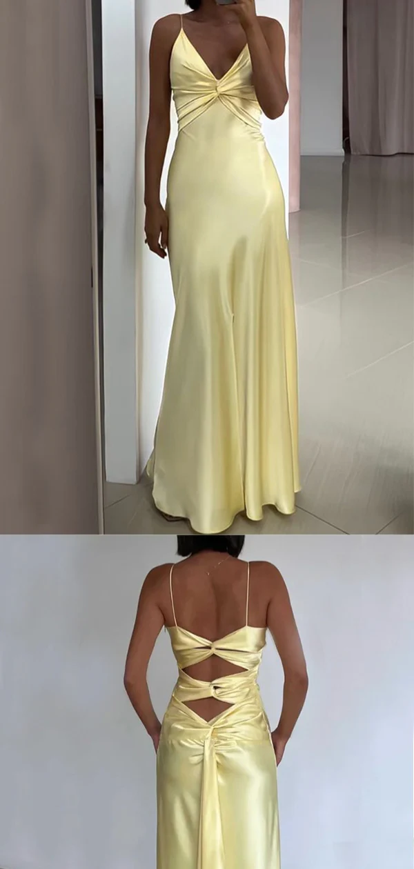 Sexy Spaghetti Strap Yellow Mermaid Satin Evening Prom Dress,Long Party Dress