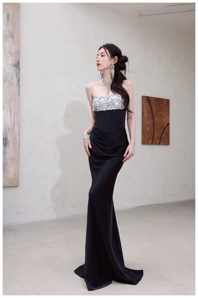 Fashion Black Strapless Satin Sequin Beaded Mermaid Evening Dress Long Wedding Guest Dress