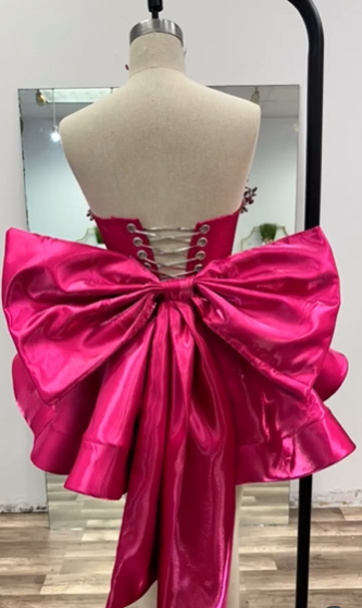 Gorgeous Hot Pink Satin Beaded Homecoming Dress Short Birthday Dress With Bow