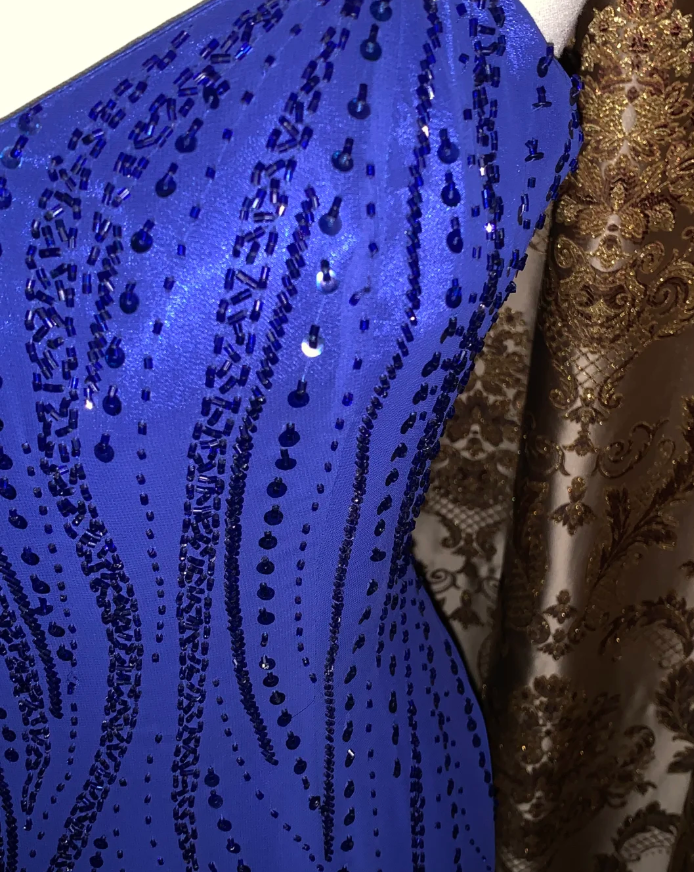Gorgeous Spaghetti Straps V Neck Blue Satin Beaded Long Birthday Party Dress Formal Evening Gown