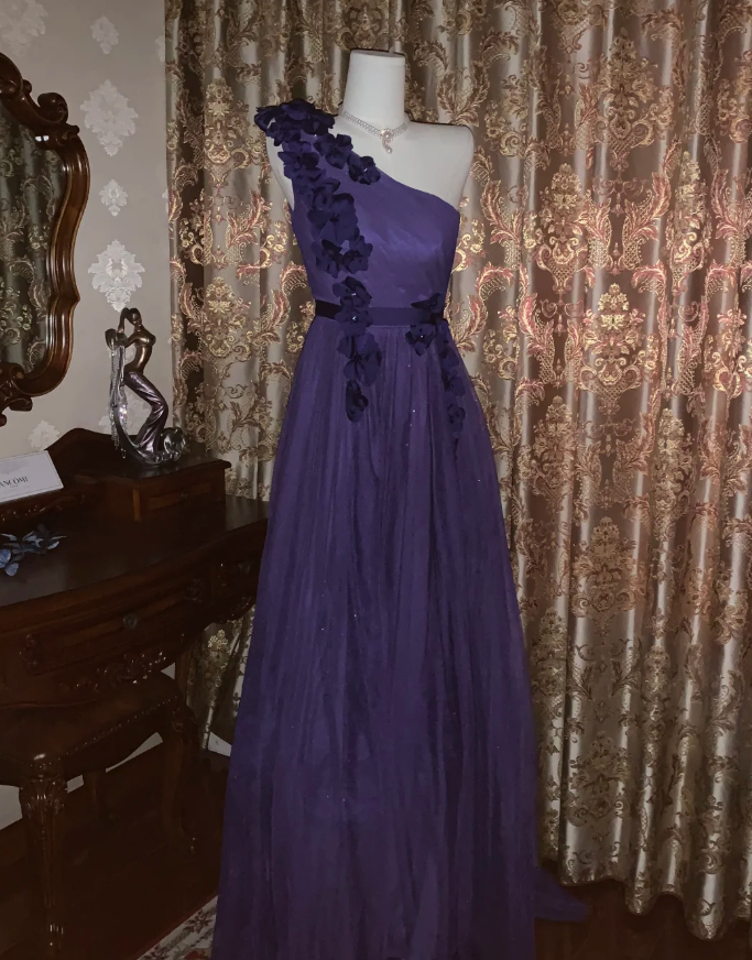 Elegant Purple One Shoulder Tulle Appliques A Line Wedding Guest Dress Long Party Dress