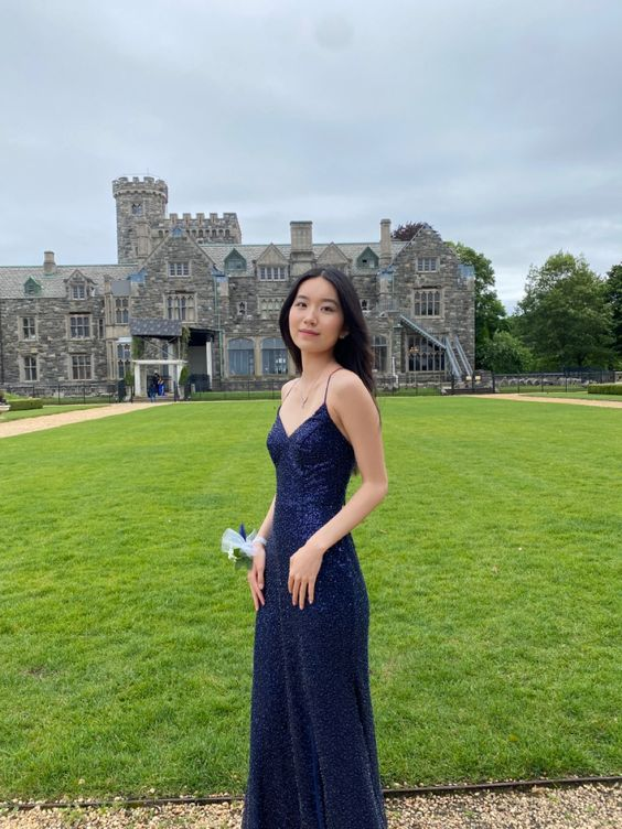 Navy Blue Sequins Sparkly Mermaid Spaghetti Straps Long Evening Prom Dress
