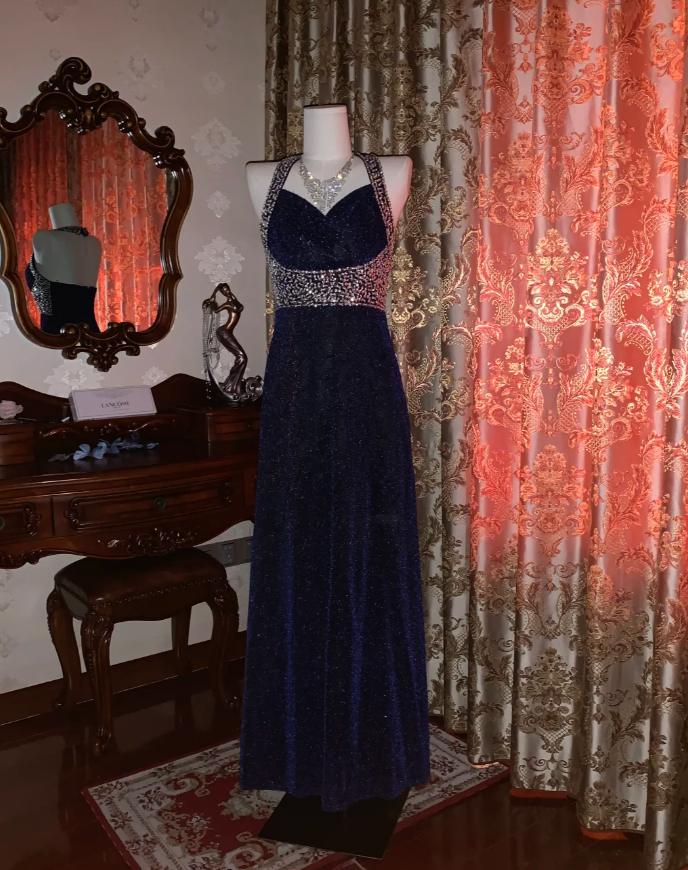 Pretty Halter Navy Blue Sequin Beaded Mermaid Long Evening Dress Birthday Party Dress