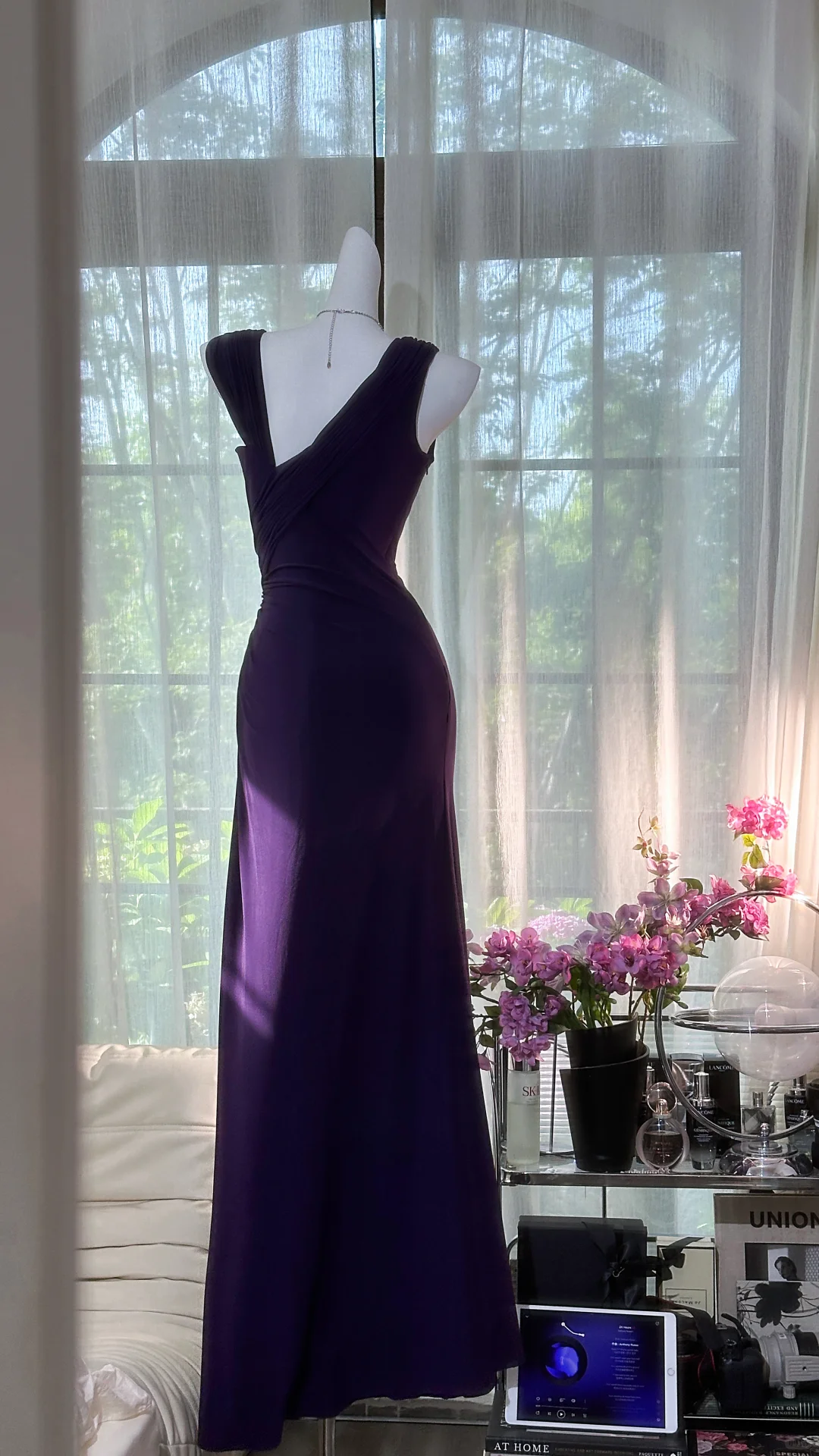 Pretty V Neck Purple Chiffon Beaded Mermaid Party Dress Formal Birthday Prom Dress