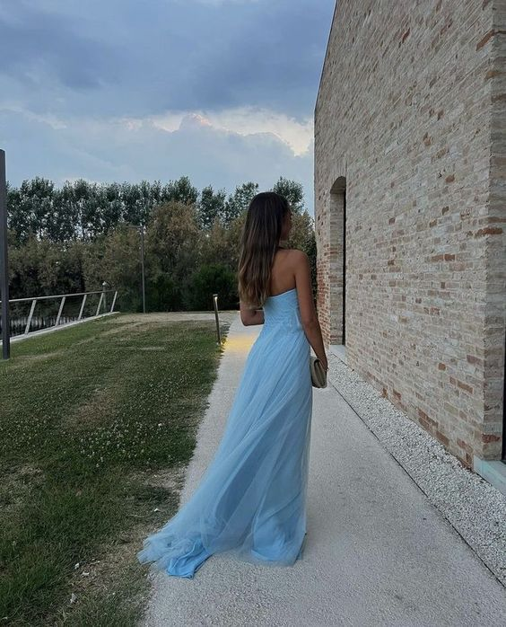 Sexy Strapless Light Blue Slit Prom Dress Long Party Evening Dress