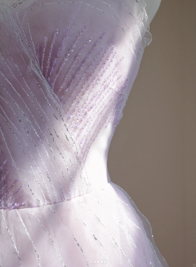 Classy Strapless Lilac Beaded Tulle Ruffles Long Birthday Prom Dress Formal Party Dress
