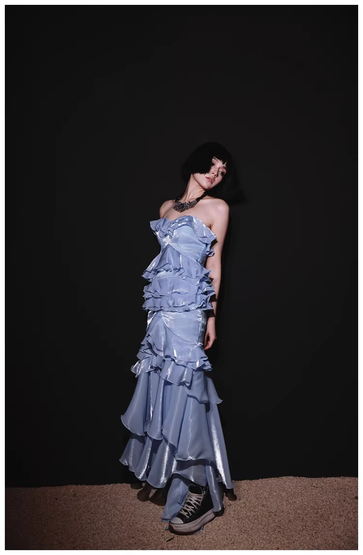 Glamorous Strapless Blue Satin Ruffles Layered mermaid Slit Evening Dress Long Party Dress