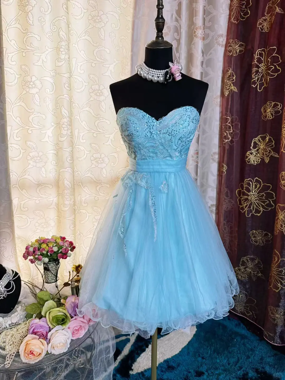 Cute Strapless Light Blue Tulle Appliques A Line Short Graduation Homecoming Dress 20th Birthday Outfits