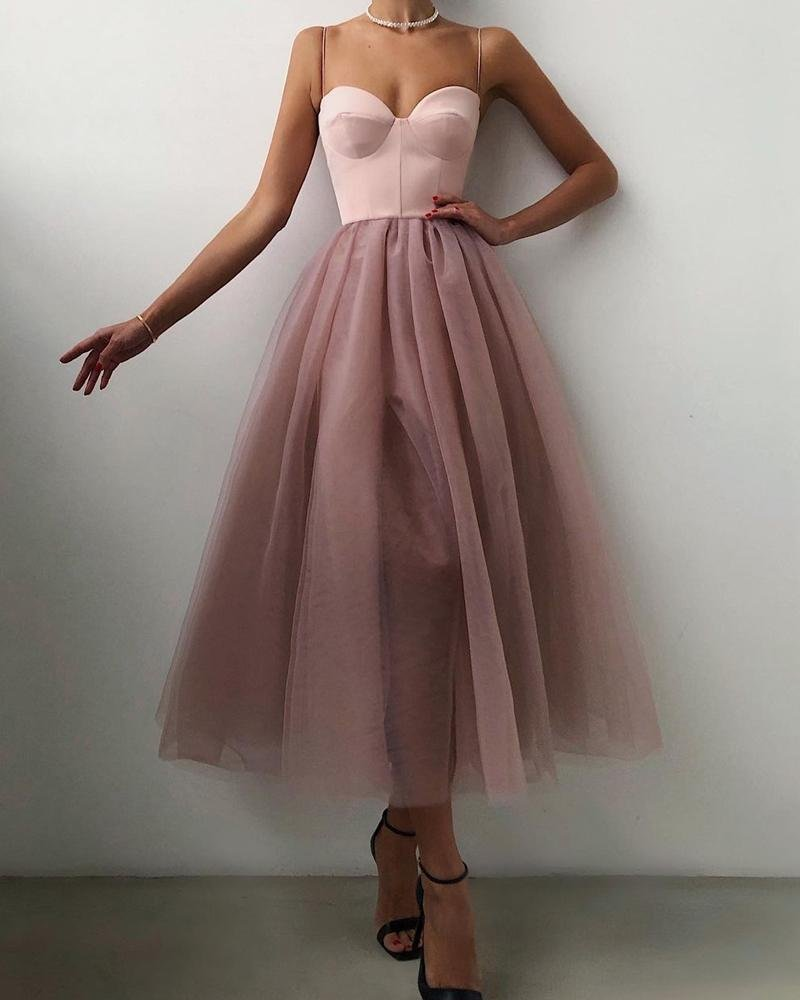Spaghetti Strap Plain Sheer Evening Dress Simple Tulle Party Dress