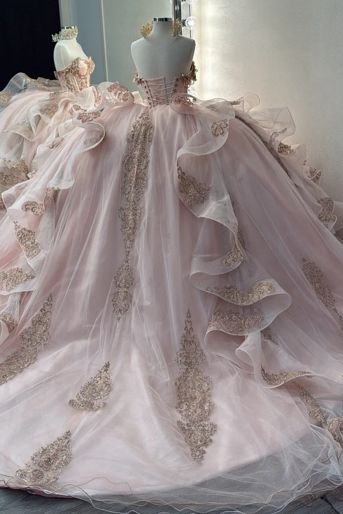 Pretty Pink Off The Shoulder Tulle Beaded Appliques Quinceanera Dress Sweet 16 Dress