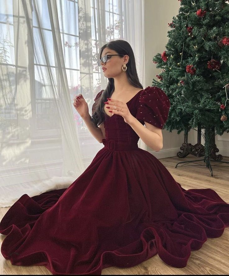 Dark Red Velvet V Neck Short Puff Sleeve Beaded A Line Floor Length Evening Dress