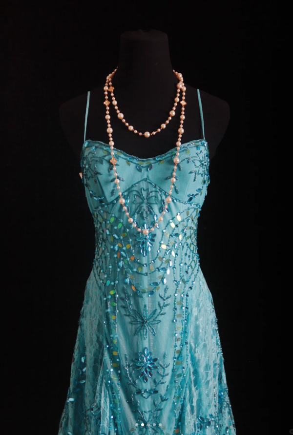 Sparkly Spaghetti Straps Blue Lace Beaded Mermaid Long Party Dress Birthday Prom Dresses
