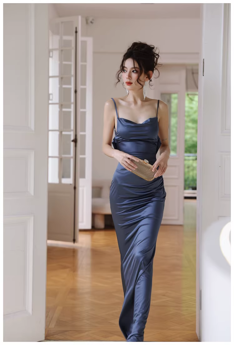 Classy Spaghetti Strap Blue Satin Mermaid Backless Evening Dress Long Wedding Guest Dress