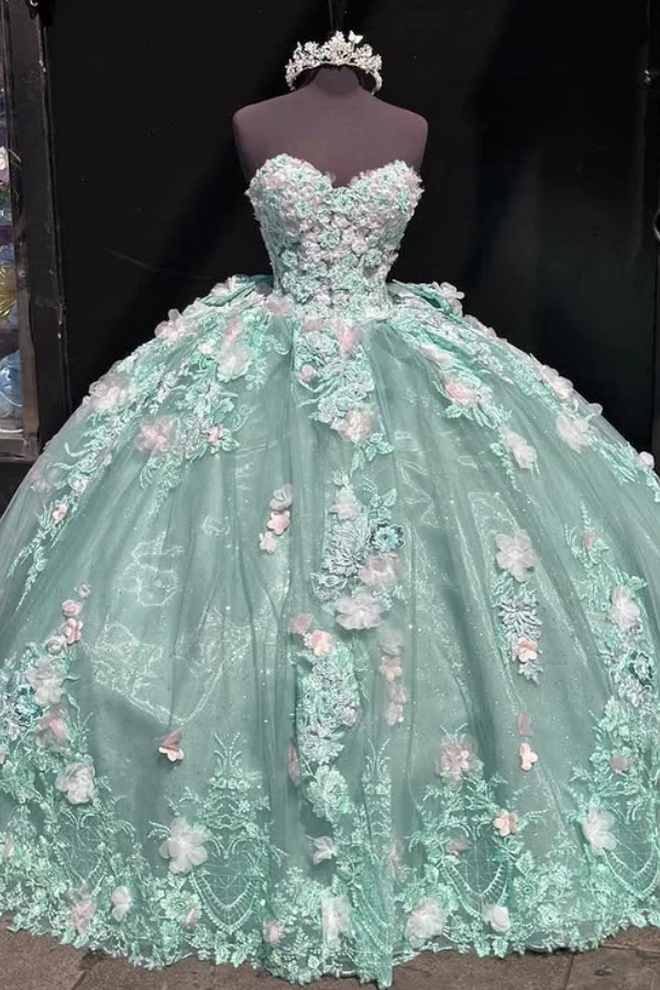 Luxury Sweet 16 Ball Gown Mint Green 3D Flower Appliques Tulle Quinceanera Dress Birthday Party Gown