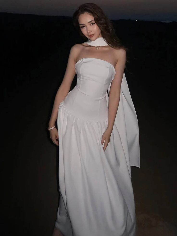 Classy Sleeveless Pink Satin Strapless Long Party Dress Prom Dress With Scarf