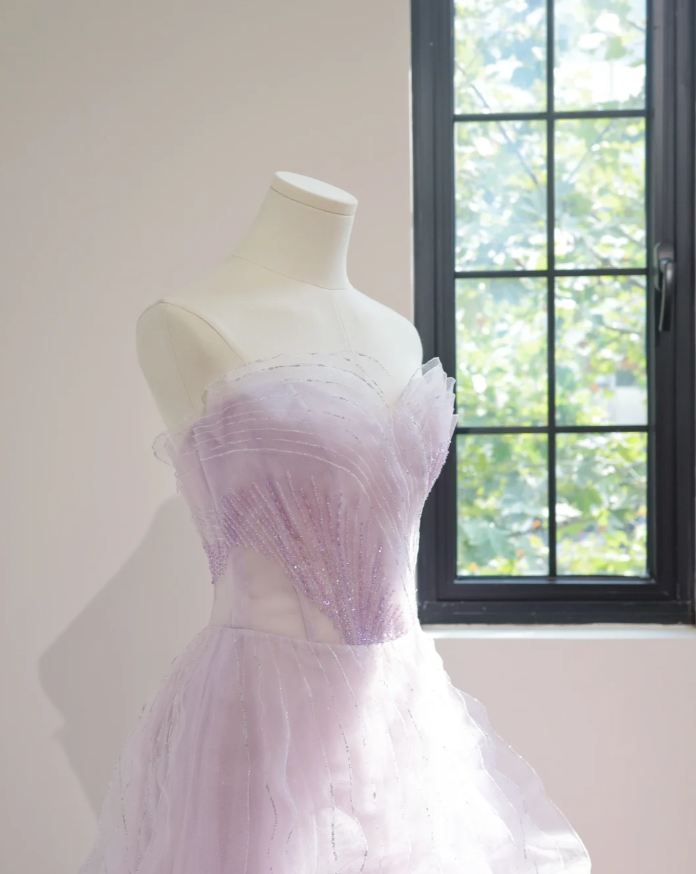 Classy Strapless Lilac Beaded Tulle Ruffles Long Birthday Prom Dress Formal Party Dress
