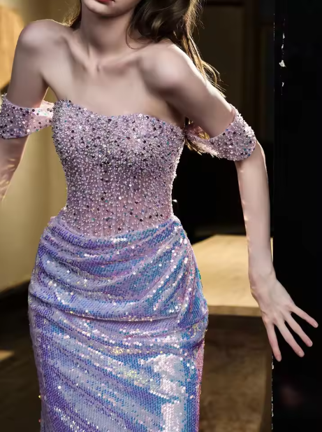 Glitter Sequins Beaded Mermaid Evening Dress,Lilac Off Shoulder Party Prom Dress