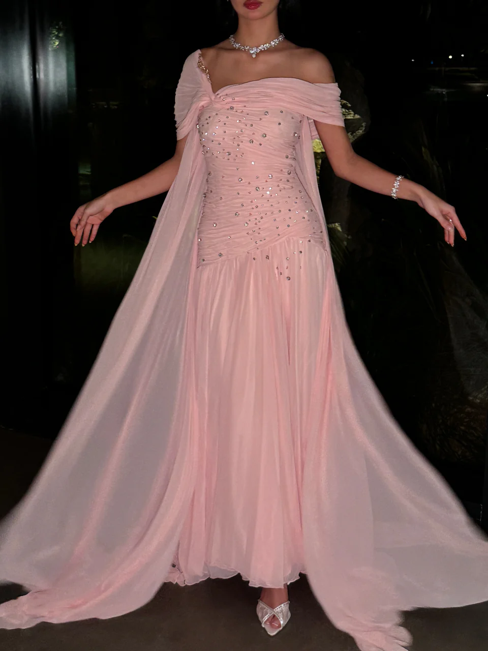 Charming Pink Chiffon Beaded Mermaid Long Party Dress Formal Evening Dress