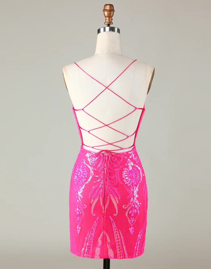 Trend Hot Pink Lace Up Tight Glitter Homecoming Dress
