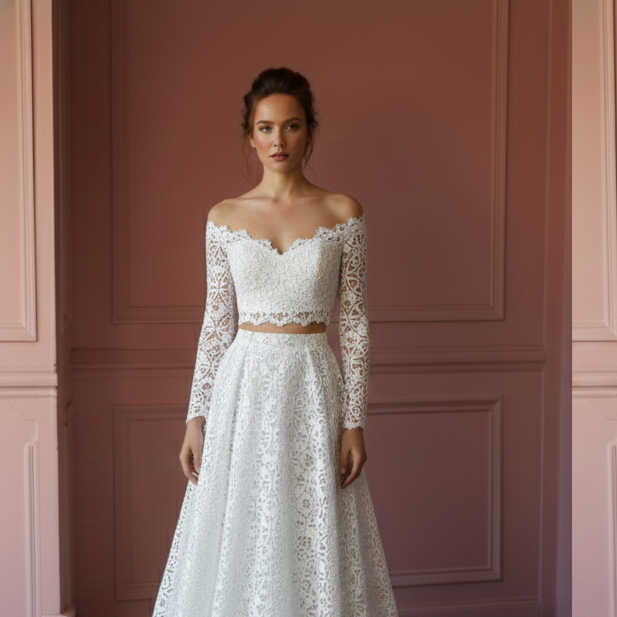 Two Piece Wedding Dress Crop Top Long Lace Skirt Bohemian