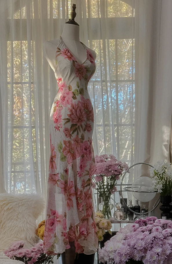 Pretty Halter V Neck Chiffon Print Floral Beaded Mermaid Long Party Dress Formal Wedding Guest Dress