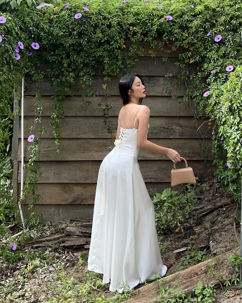 Simple White Satin Spaghetti Straps A Line Party Dress Elegant Prom Dress Evening Gown