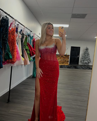 Charming Red Spaghetti Straps Slit Mermaid Evening Dress Formal Prom Dress With Beaded