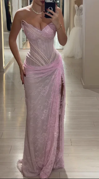 Pretty Pink Strapless Lace Pleated Mermaid High Slit Evening Dress Long Birthday Party Dress