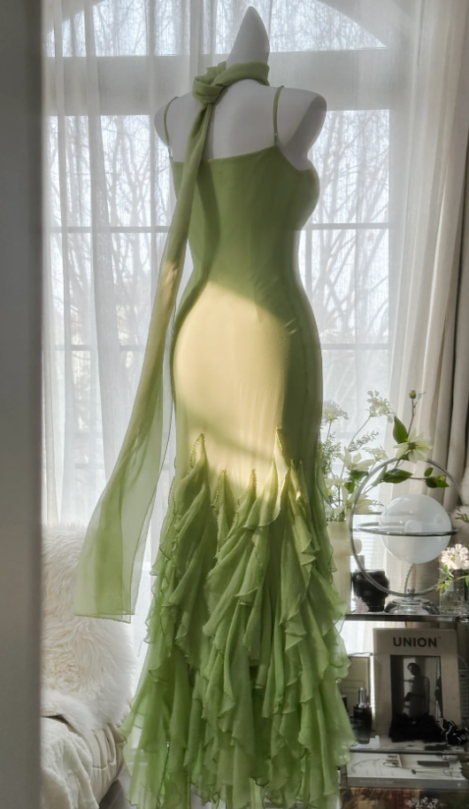 Beautiful Green Spaghetti Straps Chiffon Ruffles Mermaid Long Party Dress Birthday Prom Dresses
