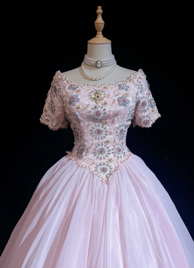 Charming Pink Tulle Lace Beaded Ball Gonn Long Birthady Evening Dress