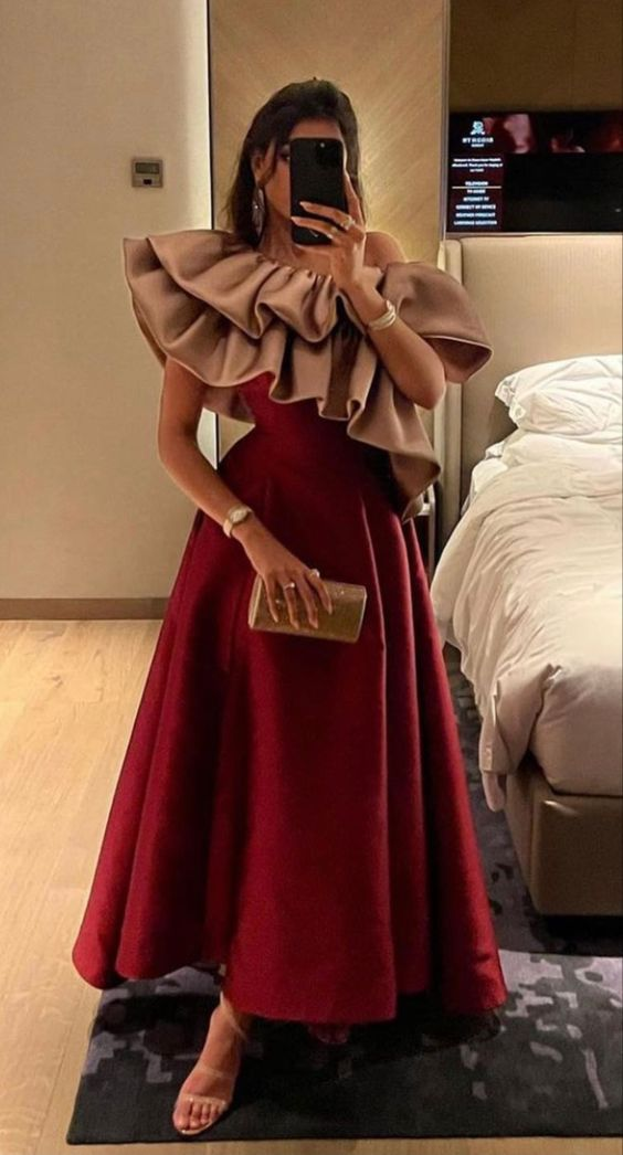 Red Ruffled Neckline A-line Evening Dress