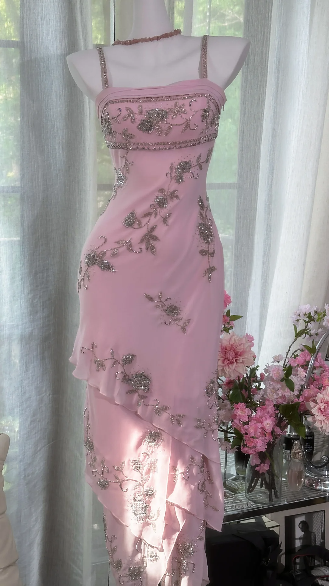 Sweet Spaghetti Straps Pink Chiffon Beaded Layered Mermaid Prom Dress Birthday Party Gown