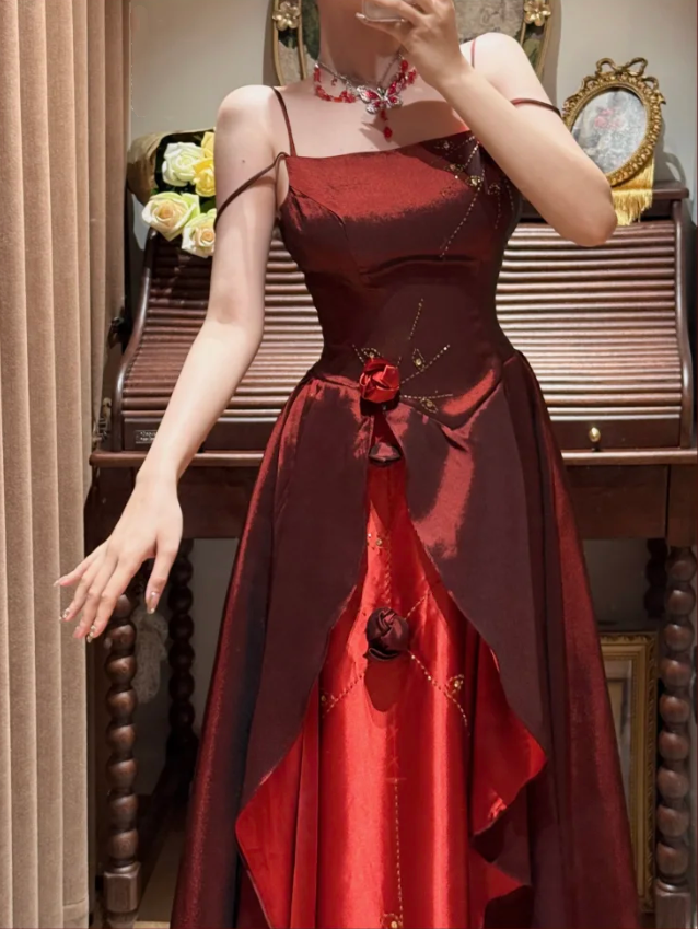 Vintage Spaghetti Straps Satin Beaded A Line Long Wedding Guest Dress Burgundy Birthday Party Dress With 3D Flowers