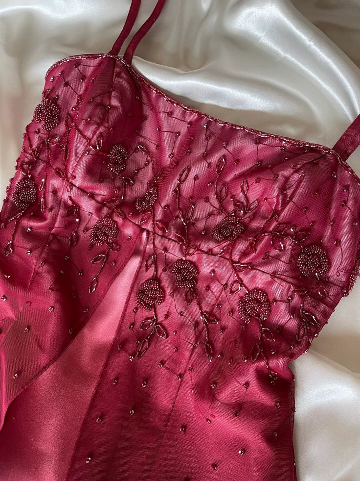 Pretty Spaghetti Straps Ombre Hot Pink Satin Beaded A Line Long Evening Dress Birthday Party Dress