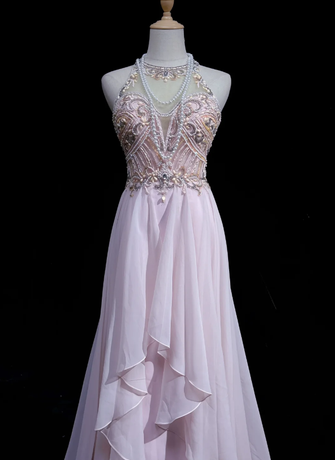 Classy Halter Chiffon Beaded Mermaid Formal Wedding Guest Dress Pink Long Evening Dress Party Dress