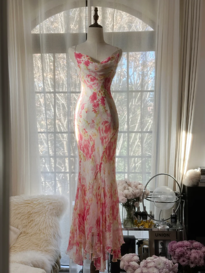 Glamorous Spaghetti Straps Chiffon Print Floral Mermaid Evening Dress Pink Long Party Dress