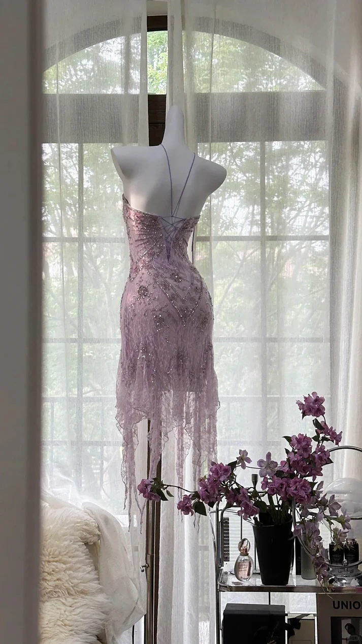 Pretty Lilac Lace Beaded Birthday Outfits Strapless Short Graduation Homecoming Dress