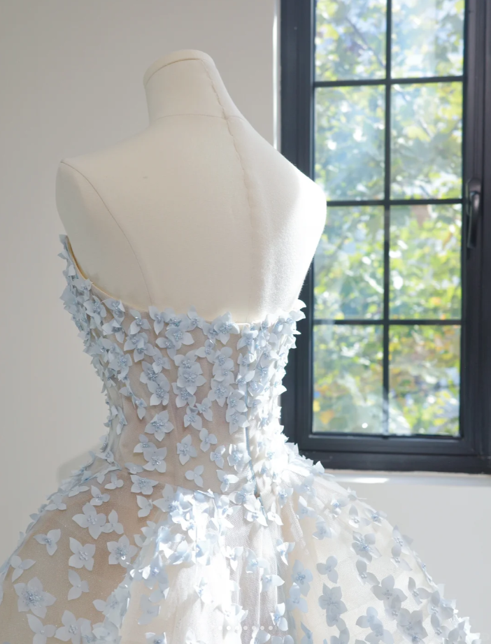 Fairy Strapless Blue Tulle 3D Flowers Beaded Ball Gown Pretty Long Wedding Dress