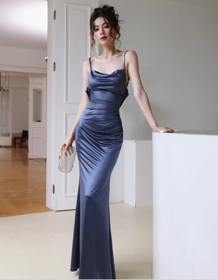 Classy Spaghetti Strap Blue Satin Mermaid Backless Evening Dress Long Wedding Guest Dress