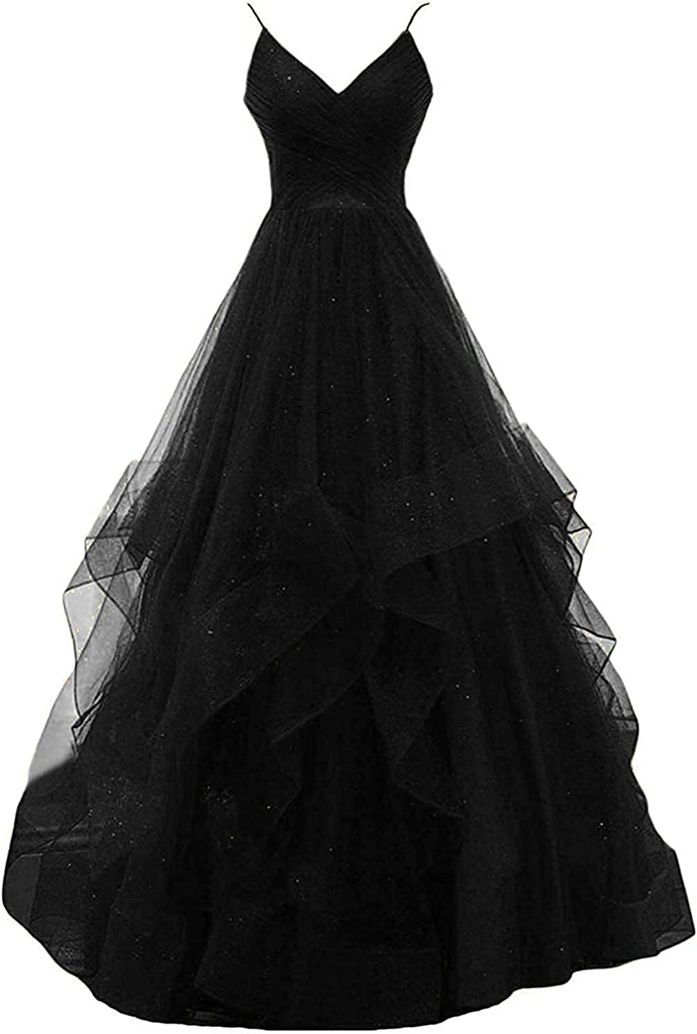 Elegant Blue spaghetti straps tulle long prom dress V-Neck Blue Tulle Prom Dress Long Evening A Line Corset Dress