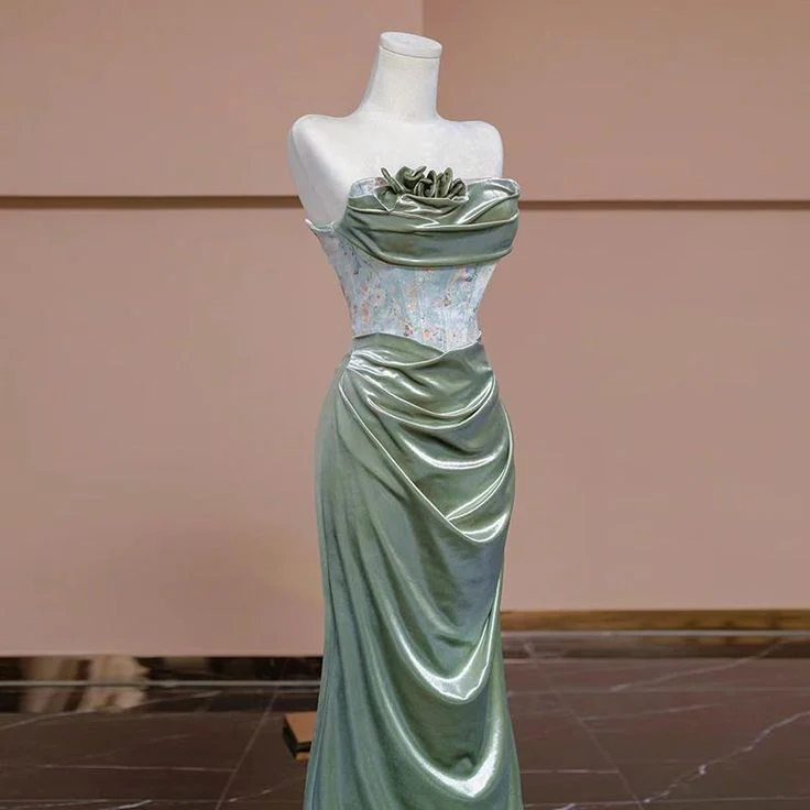 Elegant Light Green Satin Long Prom Dress Strapless Party Evening Dress