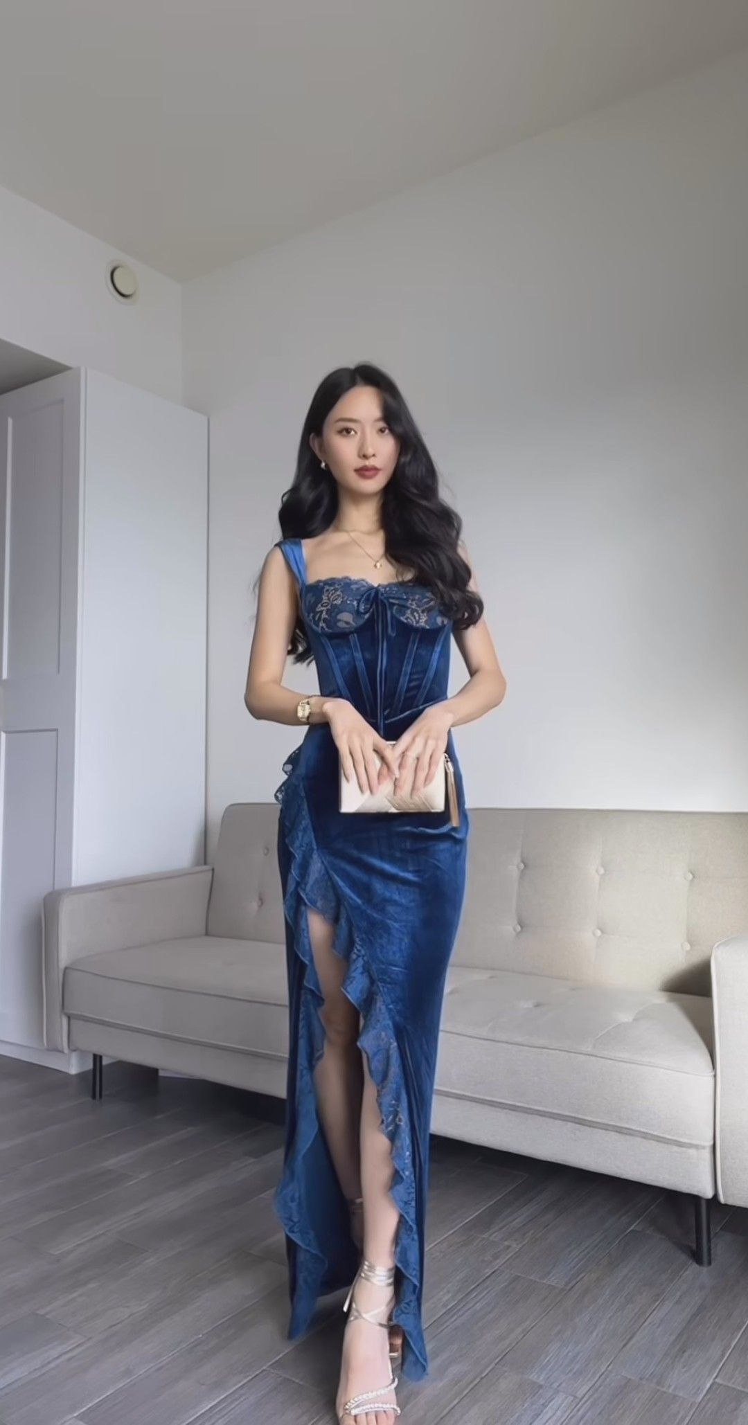 Classy Blue Velvet Lace Ruffles High Slit Long Party Dress Formal Wedding Guest Dress