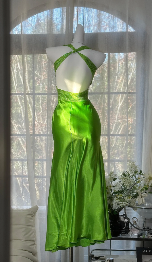 Unique Green Halter Satin Beaded Mermaid Party Dress Backless Long Evening Dress Wedding Guest Dress