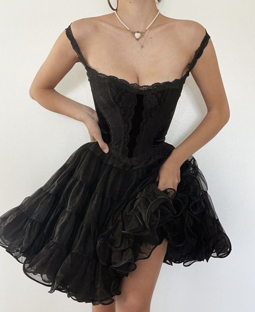 Sexy Spaghetti Straps Black tulle Lace A Line Short Prom Dress Formal Graduation Homecoming Dress