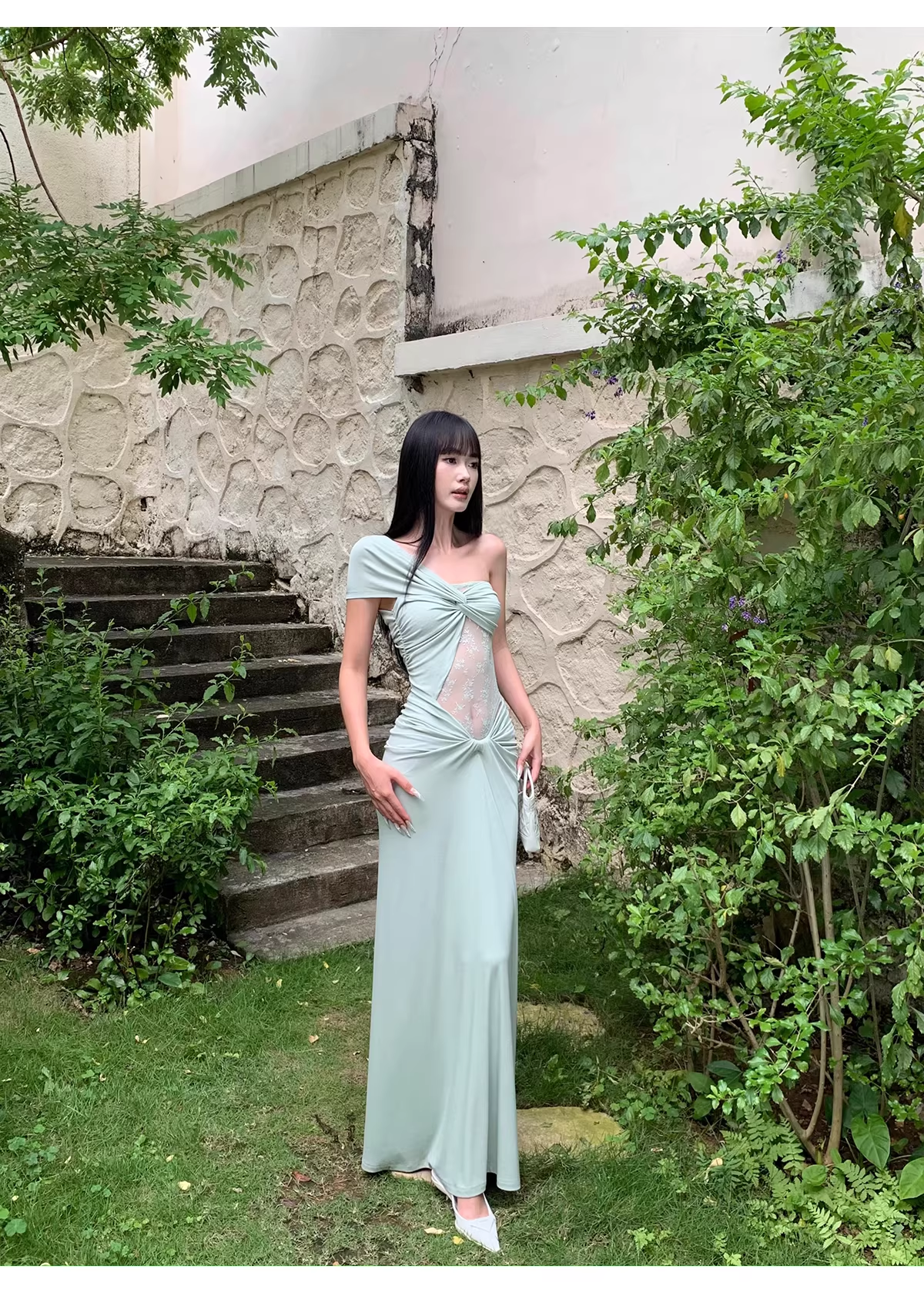 Elegant Pea Green Shoulder Satin Lace Mermaid Long Wedding Guest Dress Formal Evening Dress Prom Dress