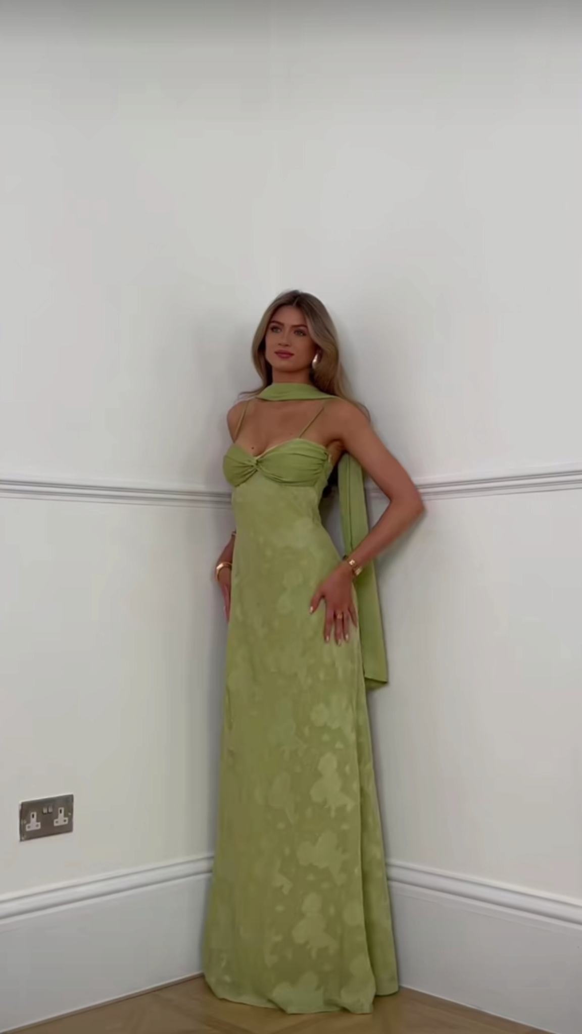 Pretty Spaghetti Straps Sage Green Satin Print Floral A Line Long Wedding Guest Dress Formal Evening Dress With Ribbon