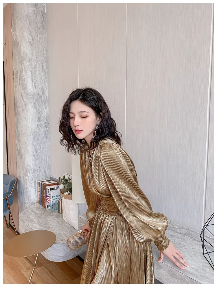 Unique Gold V Neck Satin Pleated Slit A Line Long Evening Dress Formal Wedding Guest Dress